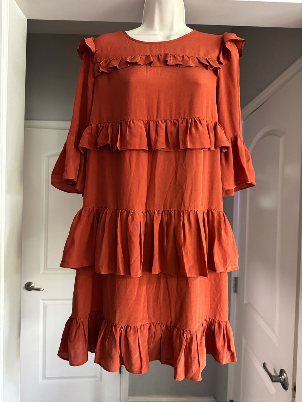 Madewell 100% Silk Terracotta Ruffle Tiered Mini Dress Size 4 Boho Feminine